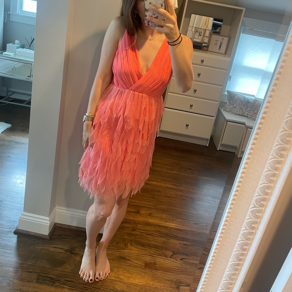 Fun and unique front and back drop V peach dress with faux feather details - 2